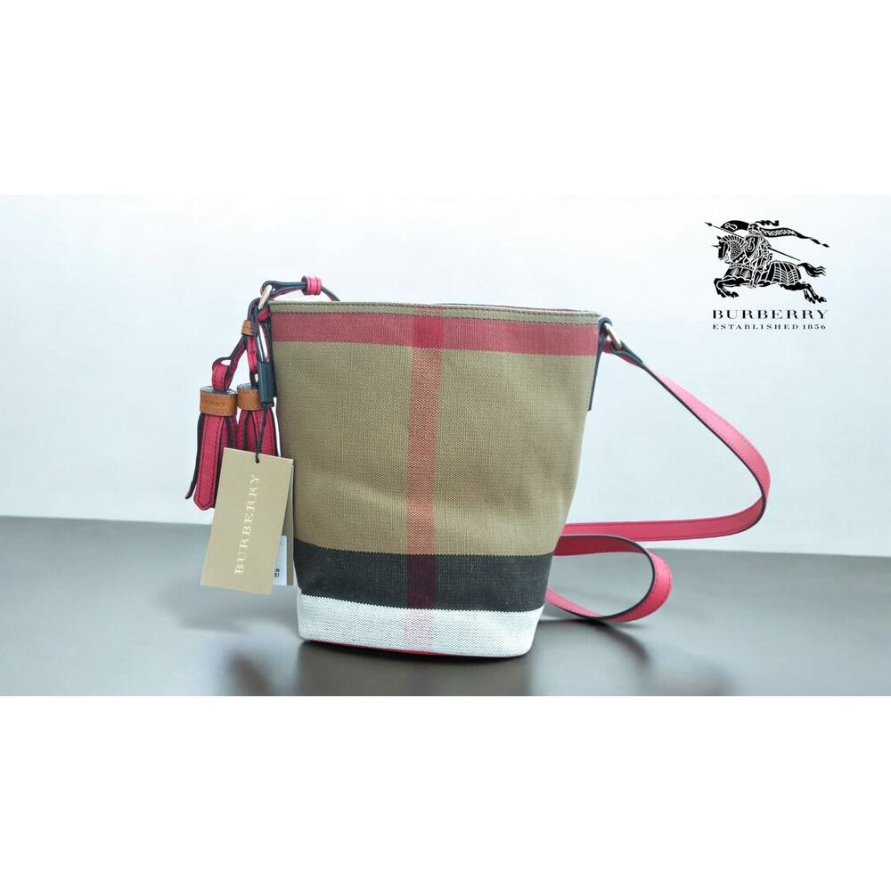 NWT Authentic Burberry Mini Ashby Crossbody Check Print Bag Red Leather Trim